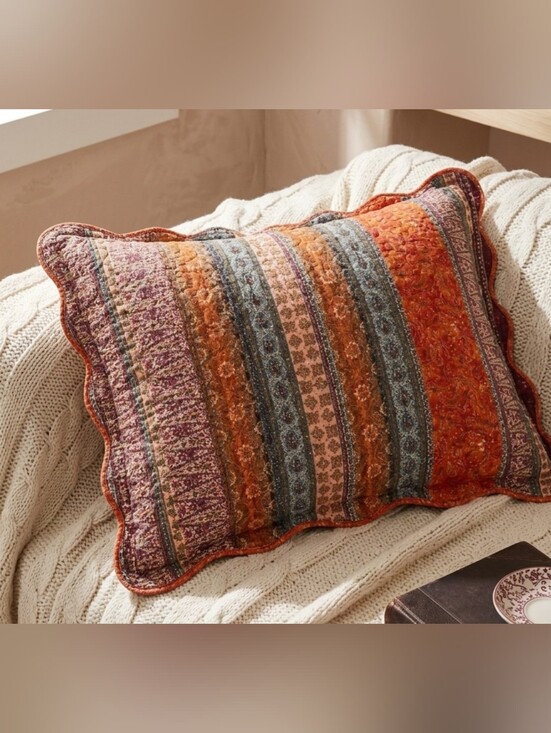 No Brand Other - Boho Quilted King Sham Pillowcase Scalloped Edge Rust Orange Blue 38x22